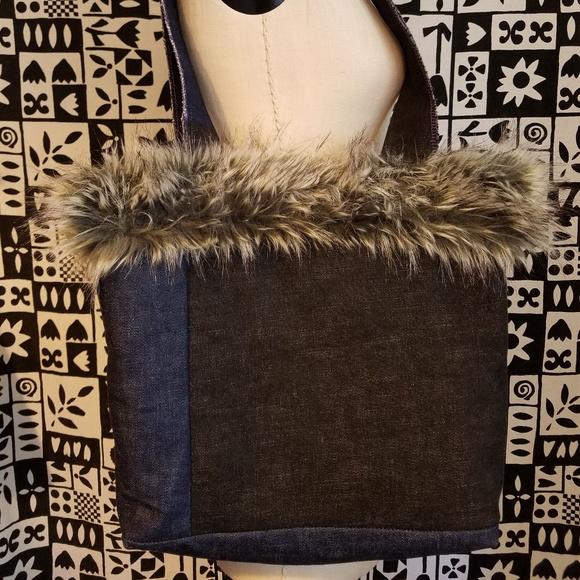 New Patchwork Grey Faux Fur and Denim Bag - Picture 2 of 5